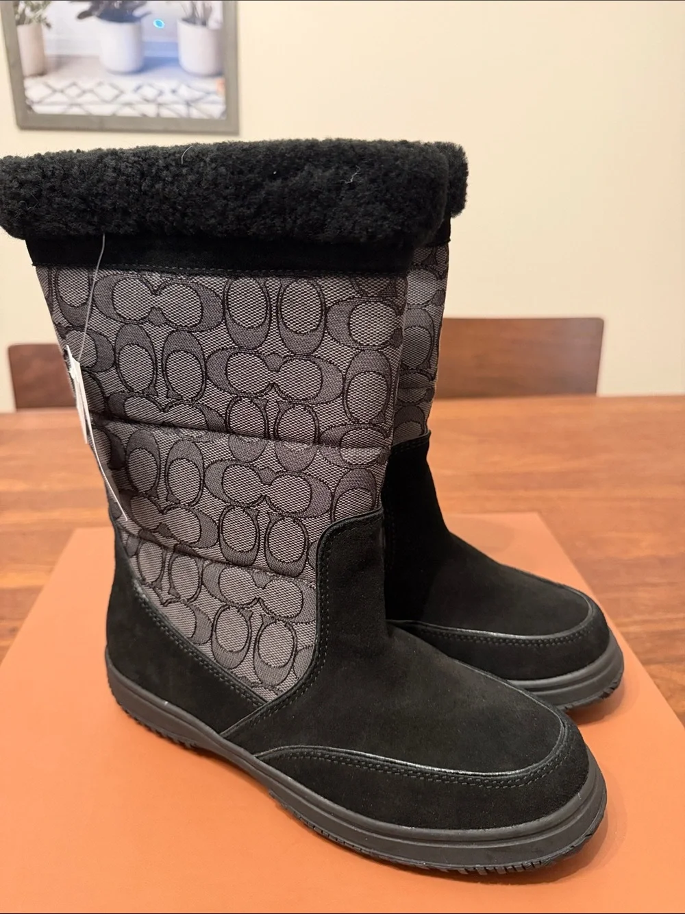 Coach Sherman Black Suede Signature Shearling Boots Size 8 M New With Box